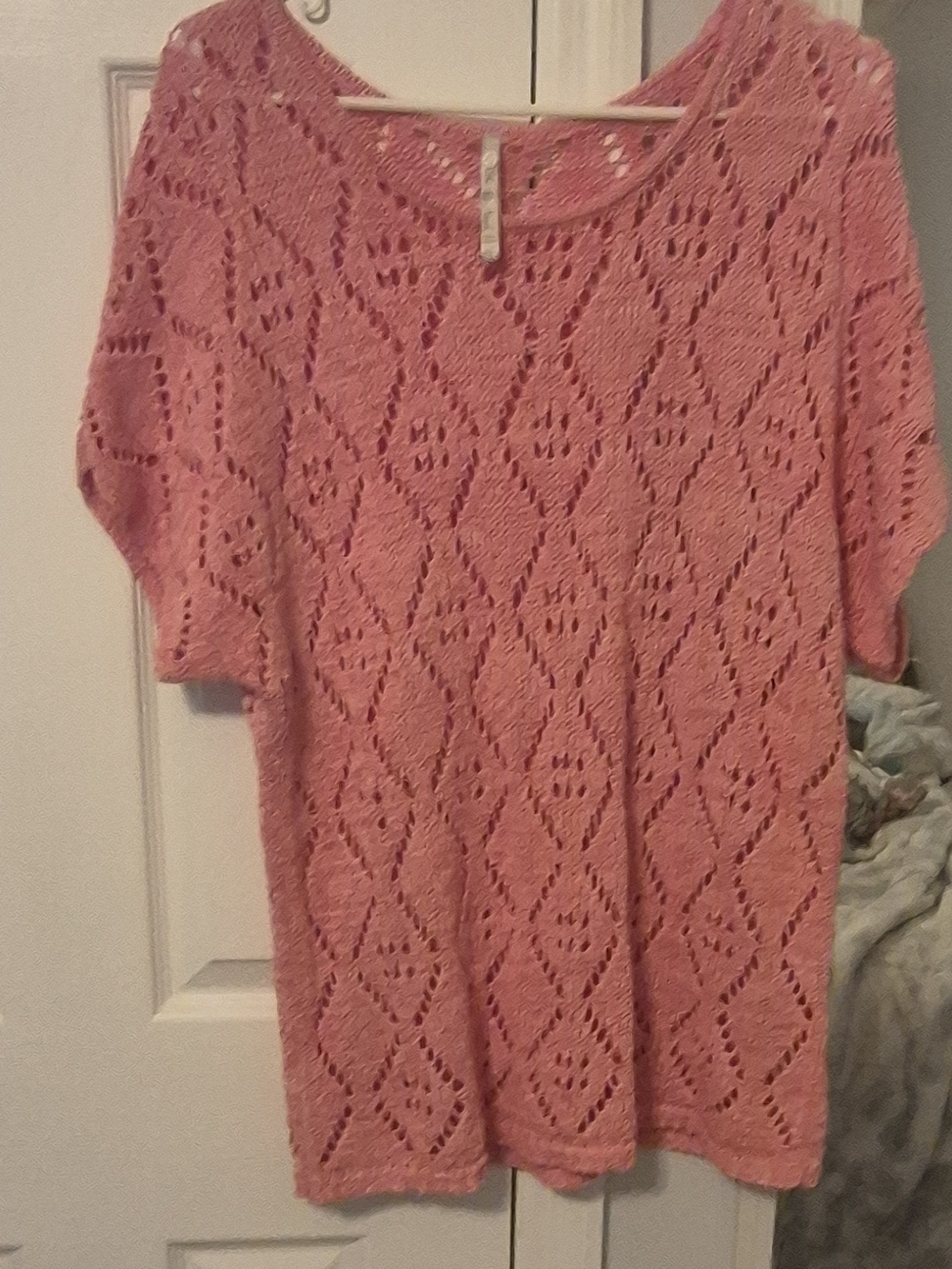 Women's Pink Knit Openwork Short-Sleeve Sweater